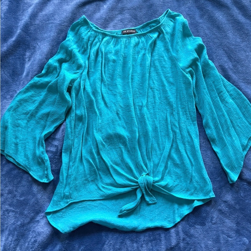 I.N. Studio Teal Crinkle Tie Front Blouse Long Sleeve Size XL